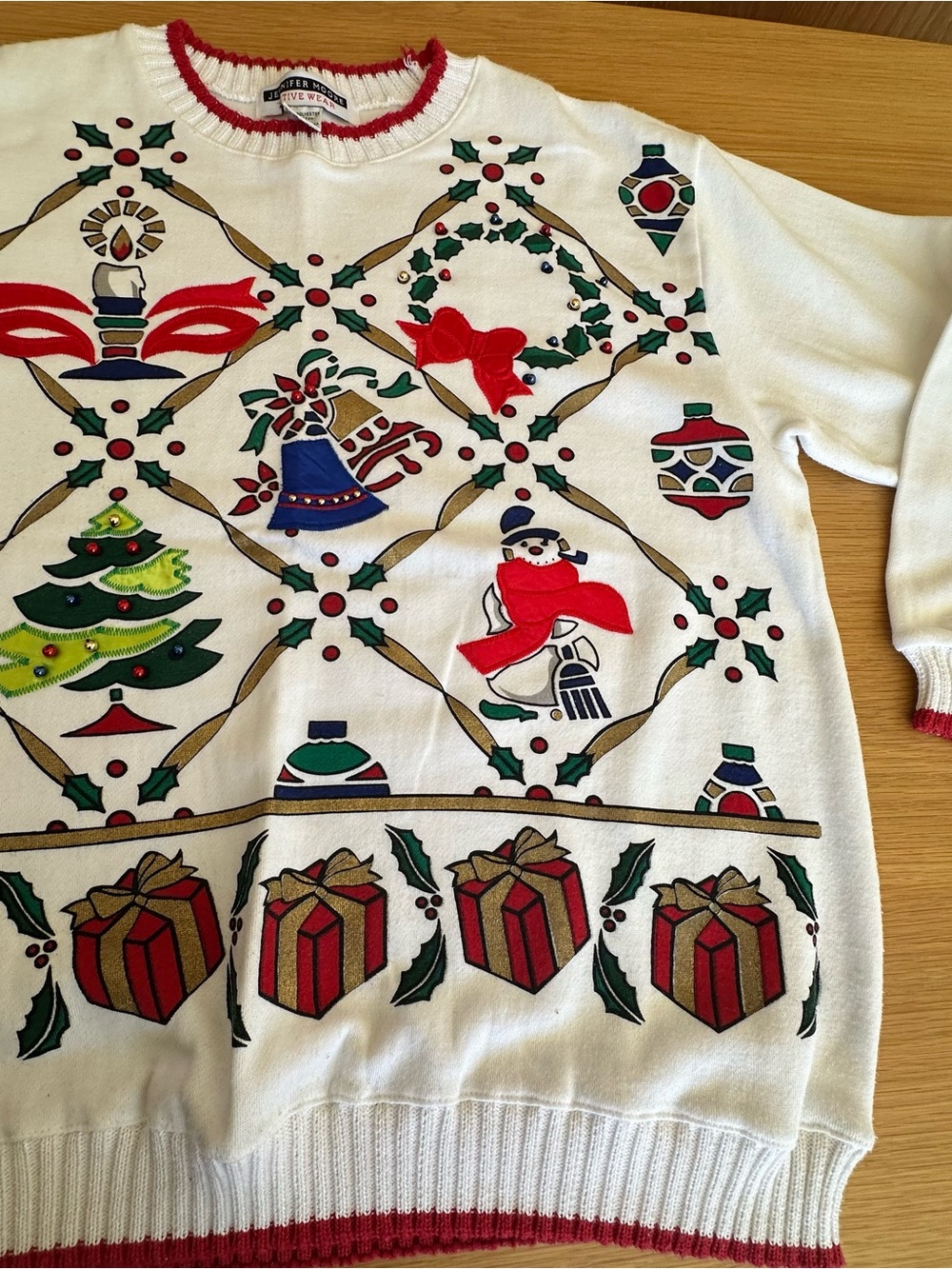 Jennifer Moore White Holiday Graphic Sweater with Red and Green Accents